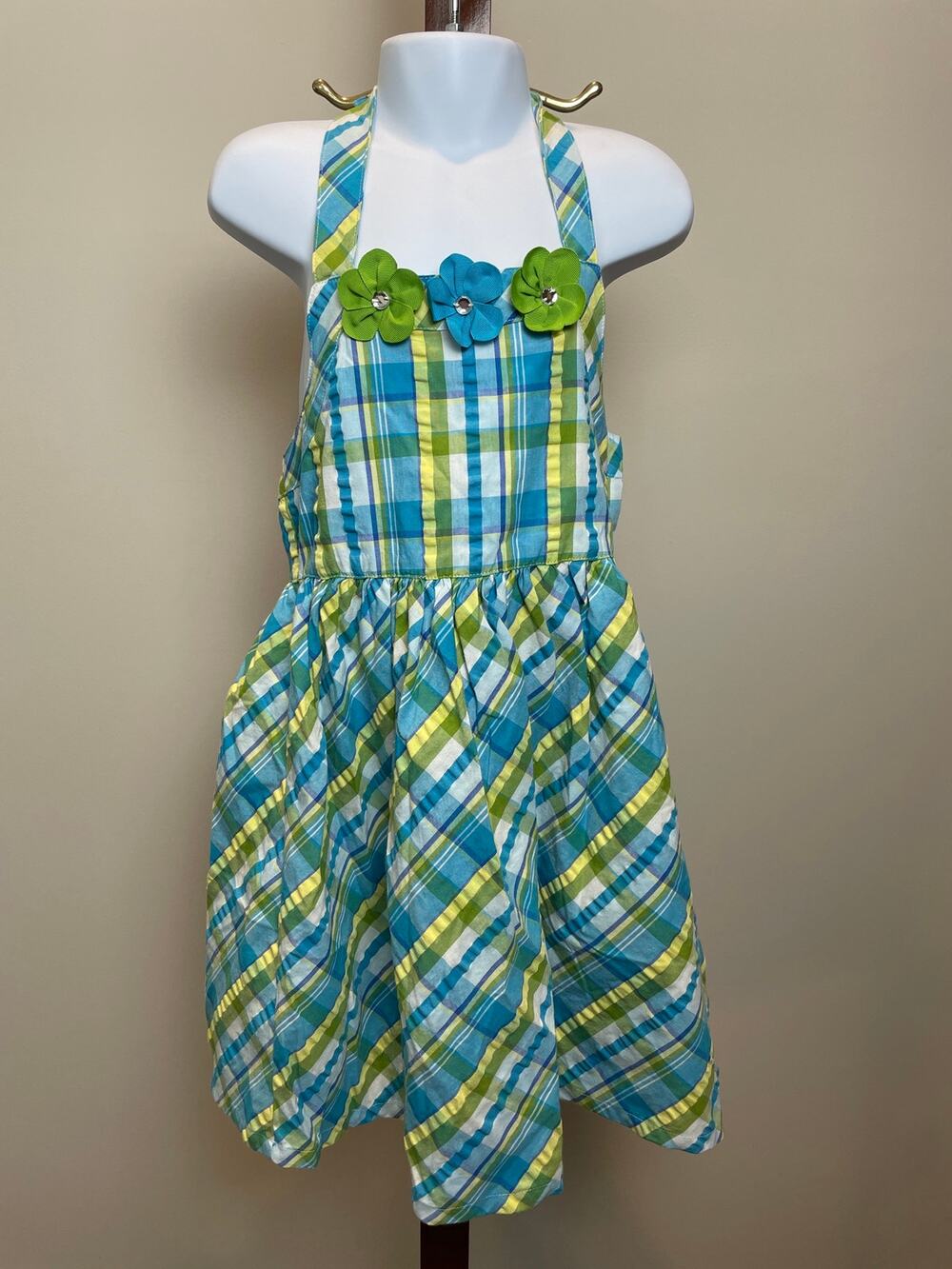 Gymboree Girls 6 Plaid Halter Dress Blue Green Flower Rhinestone Lined
